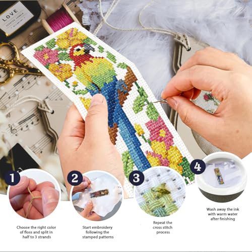 INFUNLY 6PCS Parrot Cross Stitch Bookmark Kits 3×8.5inch Bookmark Making Kit for Beginners Birds DIY Stamped Embroidery Bookmarks with Instruction for Book Lovers Reader Writers - style: Parrot