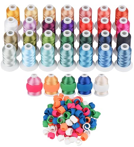 28 Assorted Colors Embroidery Machine Thread with 28 Thread Holder, 500M (550Y) Each Bobbin Polyester Embroidery Threads Kit and Spool Huggers for Sewing & Embroidery Machine- Janome Series 2