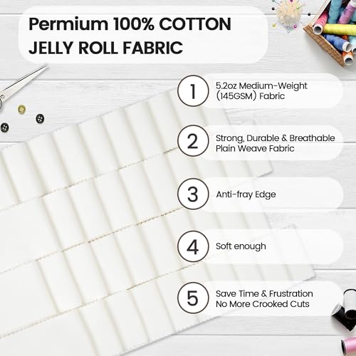 Craftido-20 Options-100% Cotton Jelly Roll Fabric Precut Strips for Quilting, Crafting, and Sewing, 40 Strips 2.5" x 44" Assorted Bundles for Rug, Quilt Project, DIY Craft and Home Decor-40 White - color: 40 White