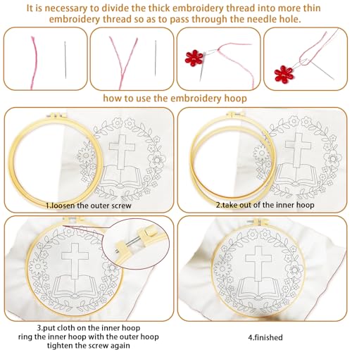 BEUNITONE 6PCS Bible Cross Pattern Embroidery Starter Kit, Hand Embroidery Kits for Adults Beginners Include Hoop Needles Threads and Instruction, Funny Needlepoint Craft Kits for Gifts and Home Decor - style: Bible
