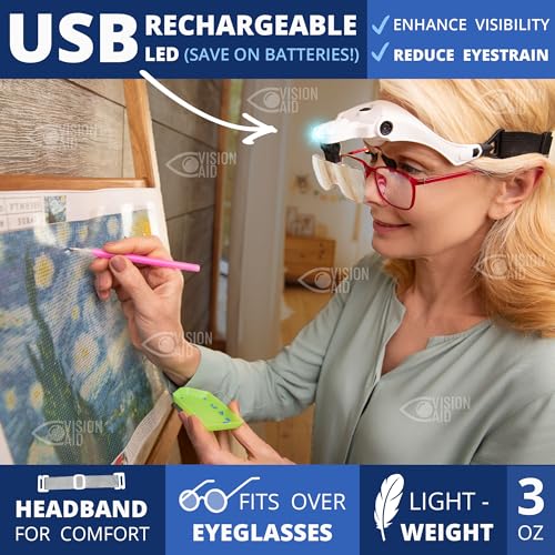 Vision Aid Magnifying Glasses with LED Light, 5 Lenses, Headband, Storage Case | Hands Free Lighted Head Mount Magnifier for Hobby Crafts Macular Degeneration Cross Stitch Diamond Painting Close Work - style: USB Rechargeable - Expert Set