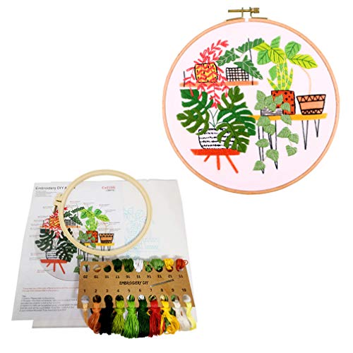 SUQUUB 3 Sets Embroidery Starter Kit with Pattern and Instructions,Cross Stitch Beginner Kits with Frame,3 Plastic Embroidery Hoops,3 Embroidery Clothes and Color Threads (3 X Plant Pattern) - color: 3 X plant pattern