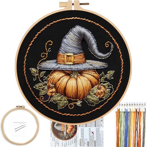 FONNUY Pumpkin Embroidery Kit for Beginners, Pre-Stamped Pattern Kits for Adults with Hoop, Easy to Follow Color Thread Needlework, 8'' Hoop (Witch Hat 1) - color: Witch Hat 1