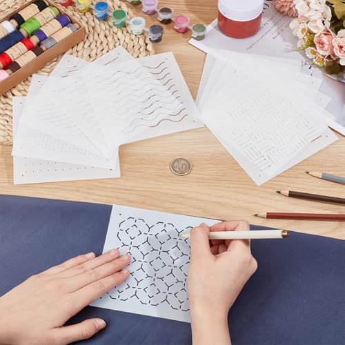 BENECREAT 12Pcs Plastic Sashiko Stencil, 5x5inch Dots, Lines, Waves, Slashes Traditional Embroidery Tool Drawing Line Template for Hand Quilting and Embroidery, 0.3mm Thick - style: Traditional Patterns