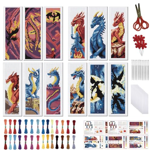 FREEBLOSS 12 Set Cross Stitch Bookmark Kit Dragon Legend 8"x 2.4" 11CT - style: Dragon Theme