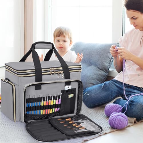 Knitting Bag, Crochet Bag Organizer, Yarn Storage Bag with Divider - color: Grey