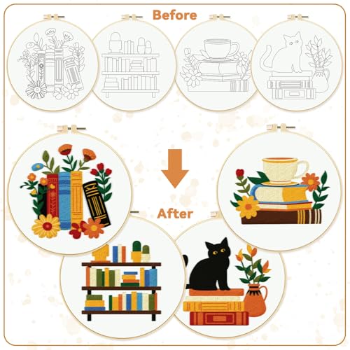 BEUNITONE Flower Embroidery Kit for Beginners 4 Pack Embroidery Starter Kit for Adult Cat Plant Books Pattern Stamped Cross Stitch Set with Instructions Embroidery Hoops Easy for DIY Craft 7.9'' - style: Cats Books
