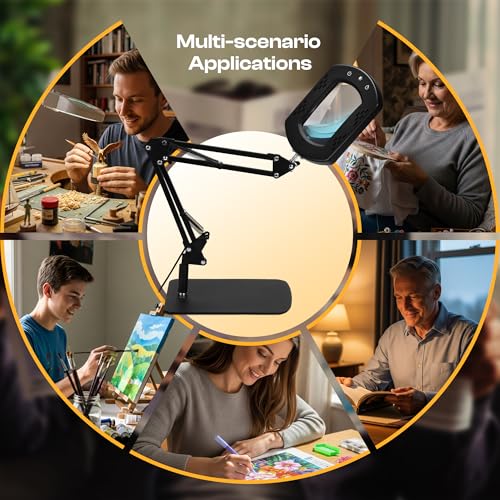 Caydo 10X Magnifying Glass with Light and Stand for Embroidery, Reading, Sewing and Painting Close Work, 5 Color Hands-Free Magnifying Desk Lamp