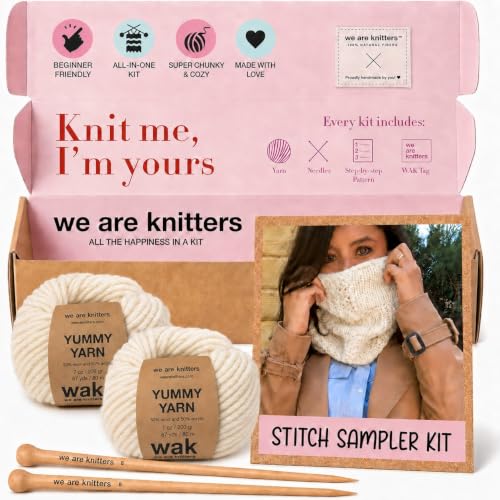 We Are Knitters Stitch Sampler Knitting Kit | Beginner-Friendly Knitting Starter Kit with Yummy Yarn | Learn Essential Stitches & Make Your First Snood - color: Yummy Yarn White