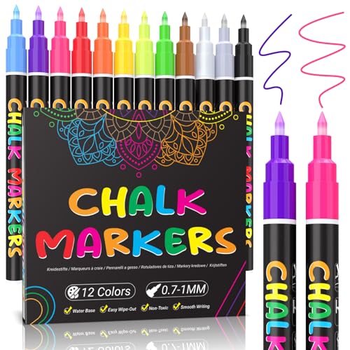 KERIFI Liquid Chalk Markers Fine Tip 1.0 mm, 12 Colors Wet Erase Makers for Chalkboard Calendar, Erasable Chalk Pens for Blackboard, Bistro, Menu, Wedding Signs, Glass Window Decor, 45 Labels Included - color: 12 Colors