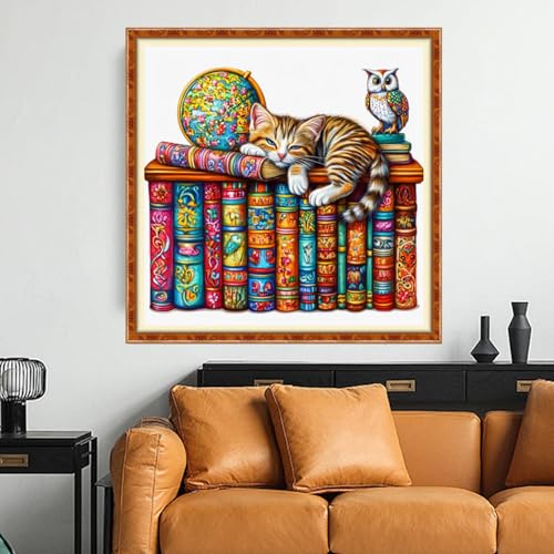 Funchey Counted Cross Stitch Kits for Adults Needlepoint Kits Unprinted Cross Stitching Embroidery Kit 11CT Cross Stitch Supplies-Bookshelf Cat 18x18 inch - color: Artcolor09
