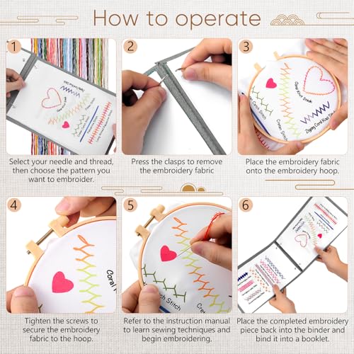 Homoyoyo Embroidery Stitch Book Kit for Adult Beginners, Learn 38 Stitches with 13 Large Loose Leaf Fabric Practice Pages, 2 Hoops, 24 Color Threads, Needles, Scissors and Instruction Manual