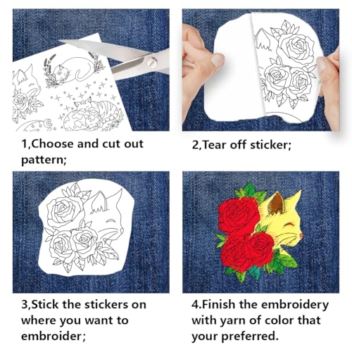 BENECREAT 4Sheets 27Pcs Moon Cat Water Soluble Embroidery, 11.7x8.3inch Stars and Flower Cat Stick and Stitch Embroidery Paper Stabilizer for Shirts, Coats, Bags - style: Moon Cat