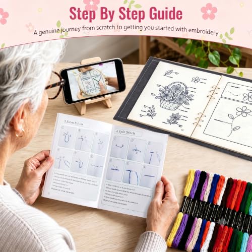 Msvphink Embroidery Stitch Book for Beginners, 73 Larger Patterns for Adults Seniors, Removable Pages, 24-Color Thread DIY Kit with Instructions