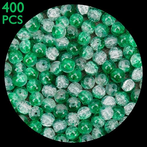 400PCs 4mm Green Crackle Glass Beads Bulk, Round Smooth Hole Glass Crystal Beads for Jewelry Making, DIY Bracelets, Necklaces, Bag Charms, Keychains and Craft Projects - color: Green Crackle, size: 4MM