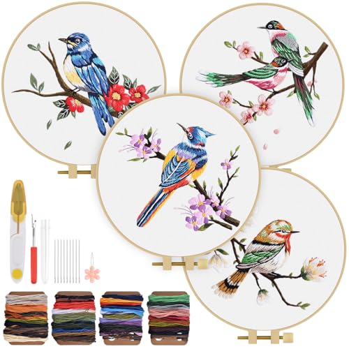 TINDTOP Embroidery Kit for Adults, Flowers and Bird Embroidery Practice Kits for Beginners Adults Include Embroidery Cloth Hoops Threads for Craft Lover Hand Stitch - color: Bird 4 Sets
