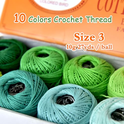 Soft 10 Pearl Cotton Crochet Thread in Balls,Size 3 Rainbow Classic Colors Crochet Thread for Crochet Hardanger Cross Stitch Needlepoint Hand Embroidery (Green) - color: Green