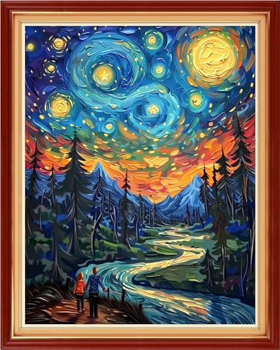 Redxing Stamped Cross Stitch Kits - Beach Night Landscape Counted Cross Stitch Kits for Beginners Adults Needlepoint Cross-Stitch Patterns-Van Gogh Night Sky Couple 16x20 inchs - color: ArtsKit20