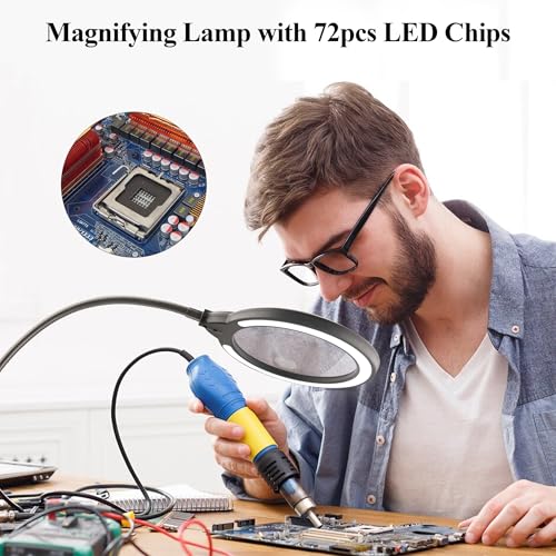 Magnifying Lamp with Clamp & Stand, 15X/8X, 5-Color & 10 Lightness Level - color: Dark Black