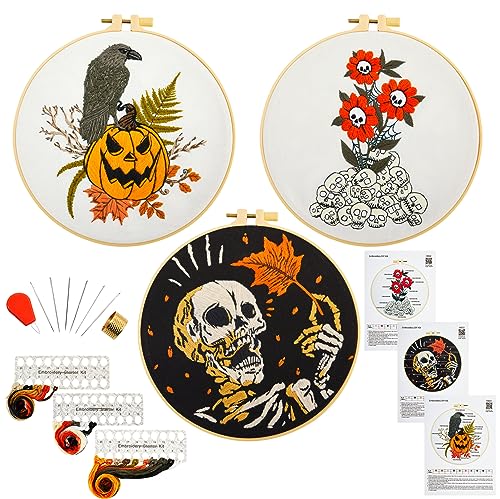Gothic Halloween Embroidery Starter Kit for Beginners Adults, Stamped Cross Stitch Kit Needlepoint Kit for Beginner Adult, 3 Embroidery Hoop 3 Set Embroidery Supplies (Attached Teaching Video QR Code) - color: White