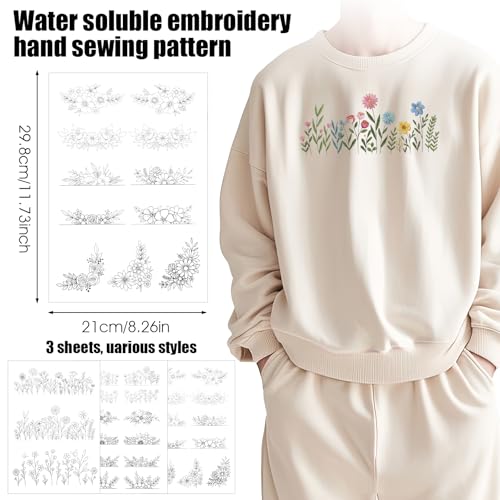 Ouligay 26 PCS Water Soluble Embroidery Patterns Water Soluble Embroidery Paper Wildflowers Stick and Stitch Embroidery Paper Floral Embroidery Transfer Paper for DIY Hand Sewing