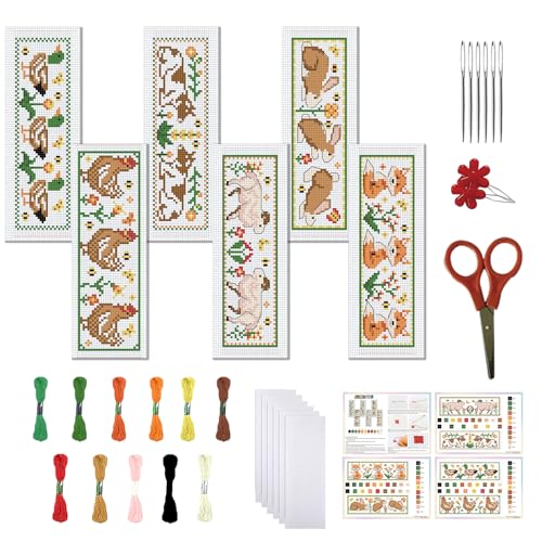 FREEBLOSS 6 Set Cross Stitch Bookmark Kits Farm Animal Stamped Cross Stitch Kit DIY Embroidery Bookmarks Kit for Beginners with Instructions 6x20cm/8x2.4inch - style: Farm Animals