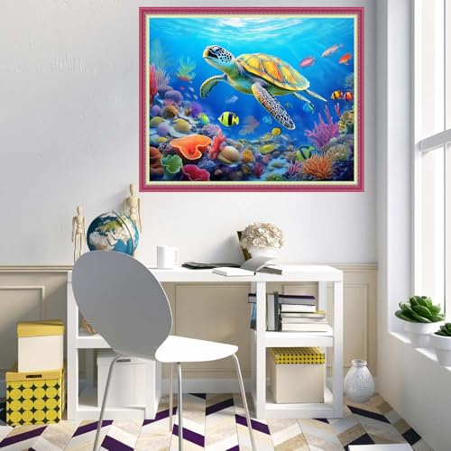 Disnesart Cross Stitch Stamped Full Embroidery Kits DIY 11CT Cotton Thread Printed DIY Needlepoint Kits Craft Needlework Set Cross-Stitch Stamped Sets-Turtle Underwater World 16x20 inch - color: Stylepattern02