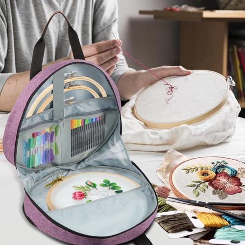 Embroidery Project Bag, Embroidery Supplies Storage Carrying Tote Case with Multiple Pockets and Handle, Cross Stitch Bag, Double Layer Round Embroiderys Project Bags for Floss Hoops Thread (Purple) - color: Purple