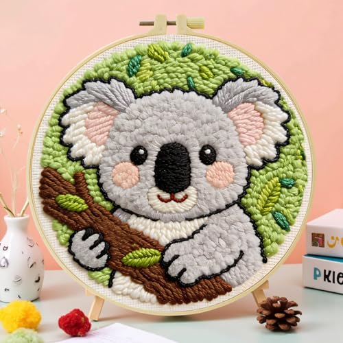 ZuoAnLF Punch Needle Kit for Beginner, Rug Yarn Hooking Beginner Kit with Instruction, Punch Needle Fabric with Pattern, Yarns, Embroidery Hoops for Punch Needle 20CM/9.8INCH (Koala) - color: koala