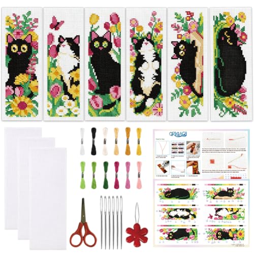 ORIGACH 6 Set Cat and Flower Cross Stitch Bookmark Kit for Beginner - style: Cat and Flower