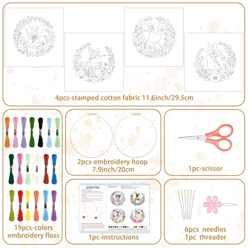 BEUNITONE 4 Set Fairy Patterns Embroidery Kit for Beginners 7.9"x7.9" DIY Complete Needlepoint Kits for Adults, Cross Stitch Starter Kit with Hoops and Instructions, Handmade Gifts for Home Decor - style: A-Fairy