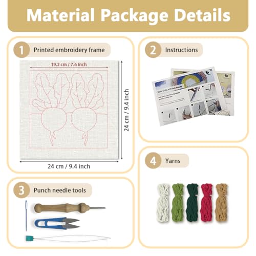 Doodlream Fresh Radish Needle Kit for Beginner, 9.4"x 9.4" Vegetable in Soil Punch Stitching Craft Set, Color DIY Embroidery Starter with Printed Frame, Instruction, Threader, Yarn, Pinch Needle - color: Radish