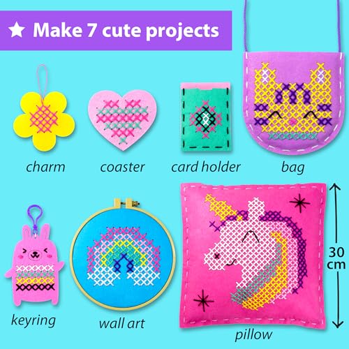 KRAFUN Cross Stitch Kit for Kids Age 5+ | 7 Beginner Projects - color: First Cross-Stitch