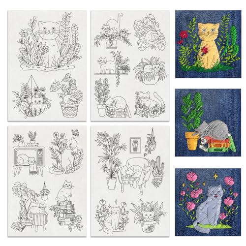 BENECREAT 4Sheets 16Pcs Cat Water Soluble Embroidery, 11.7x8.3inch Home Plants Cats Stick and Stitch Embroidery Paper Stabilizer Water Soluble Hand Sewing for Shirts, Coats, Bags - color: Cat