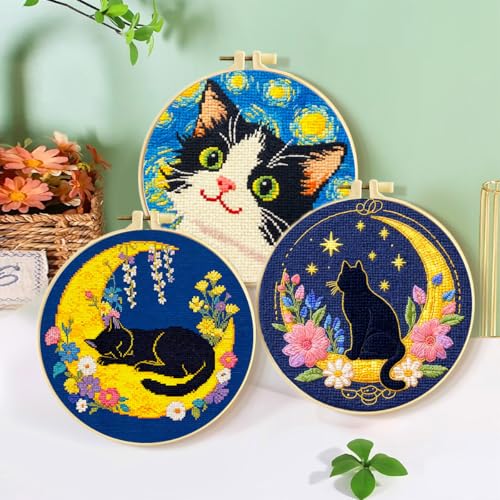 Zhenqing 3 Pack Cat Stamped Cross Stitch Kit for Beginners - color: 3 Pack Cat
