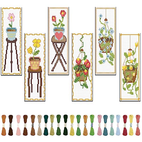 FREEBLOSS 6 Set Cross Stitch Bookmark Kit Flowers Patterns Stamped Cross Stitch Kit with Instruction Embroidery Kit for Adults Beginners Reading Gift 8''x2.4'' - style: Potting