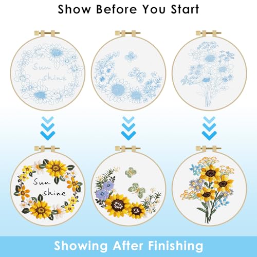 ERKOON 3 Sets Embroidery Kit, Floral Cross Stitch Set for Include Embroidery Cloth Hoops Threads for Craft Lover Hand Stitch (Sunflower) - color: Sunflower