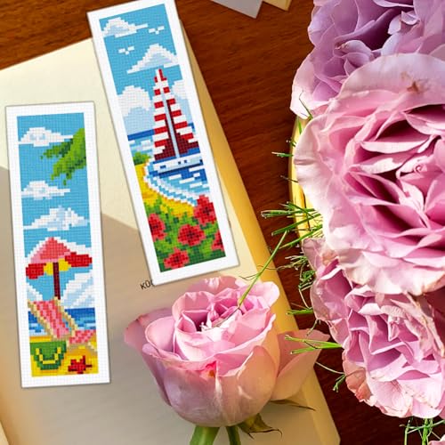 BEUNITONE 6 Pcs Summer Cross Stitch Bookmark Kits for Adults Beginners DIY Scenery Bookmarks Cross Stitch Kits with Instructions Bookmarks Punch Needle Kit for Book Lovers Reader Gift 8''x2.4'' - style: Coastal Scenery
