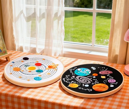 Armindou Embroidery Kit for Adults Beginners, Hand Embroidery Starter Kit with Solar System Patterns, Counted Stamped Cross Stitch Needlepoint Kit for Beginner Adult, 2 Set Embroidery Supplies/Hoop - color: Solar System, size: 8inch