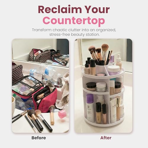 Masirs 360 Rotating Makeup Organizer Countertop, Adjustable Shelf, White - color: White