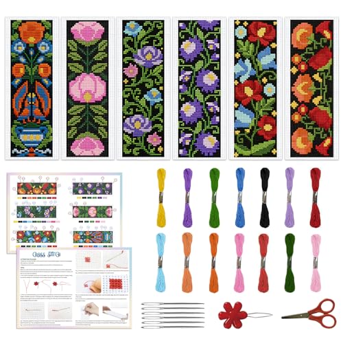 ACRNIGHEET 6PCS Cross Stitch Kits Stamped Cross Stitch Bookmark Kit for Beginner Adults Easy Flower DIY Embroidery Bookmark Kit Needlepoint Kits with Instructions Book Lovers Craft Gift 8.5''x3'' 11CT - style: Floral patterns 3