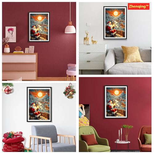 Zhenqing Christmas Santa Snowy Village Stamped Cross Stitch Kit for Beginners, 11CT Printed 28 x 38 cm Santa Claus Reindeer Moonlit Winter Landscape DIY Embroidery Set, No Hoop Needed - color: Santa’s Moonlit Snow Village