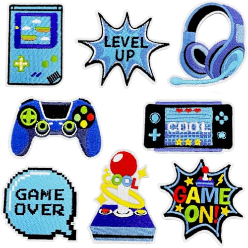 8PCS Video Game Iron On Patches, Blue Gaming Embroidery Appliques - color: Video Game