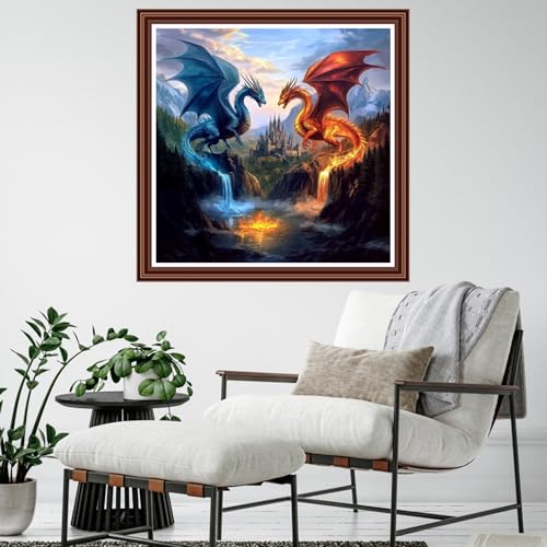 Dimensean Counted Cross Stitch Kit for Beginners, 11CT Unprinted Cross-Stitch Kit Easy Patterns Needlepoint Kit Cross Stitching Embroidery Kit Supplies-Water Fire Dragon 18x18 inch - color: ColornNEW02