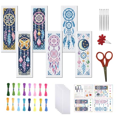 FREEBLOSS 6 Set Cross Stitch Bookmark Kits Dreamcatcher Pattern Stamped Embroidery Kit Stitch Bookmarks DIY Book Marks Printed Cross Stitch Kits with Instructions for Beginners Adults 8''x2.4'' - style: Dreamcatcher
