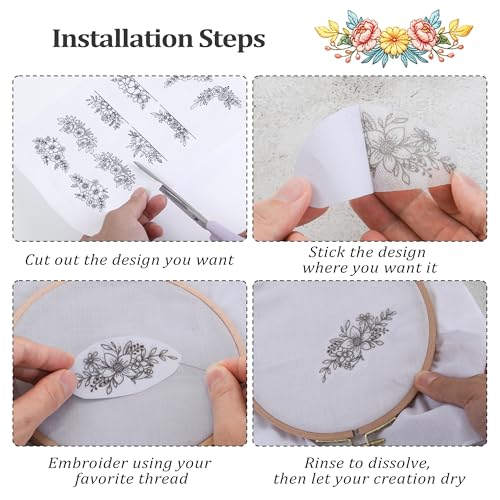 TAHULIK Water Soluble Stabilizer for Embroidery, 3 Sheets Water Soluble Embroidery Patterns, Stick and Stitch Embroidery Patterns, Transfer Paper with Pre-Printed Flower Leave for Hand Sewing