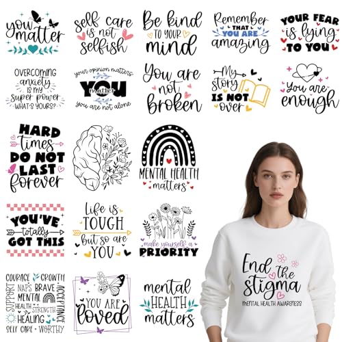 Wxiben Dtf Transfers Ready to Press - 20 Pcs Mental Health Iron on Transfers for T-Shirts Inspirational Heat Transfer Vinyl Decals Stickers Positive Awareness Iron on Patch for Clothing Bag DIY Craft - style: Mental Health