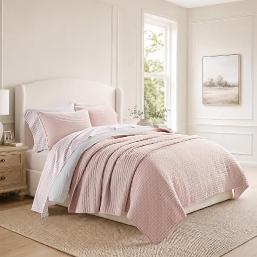 EVERGRACE 100% Cotton Cross Stitch 3-Piece Quilt Set, Queen, Ballet Pink - color: Ballet Pink, size: Full/Queen (92" X 96")