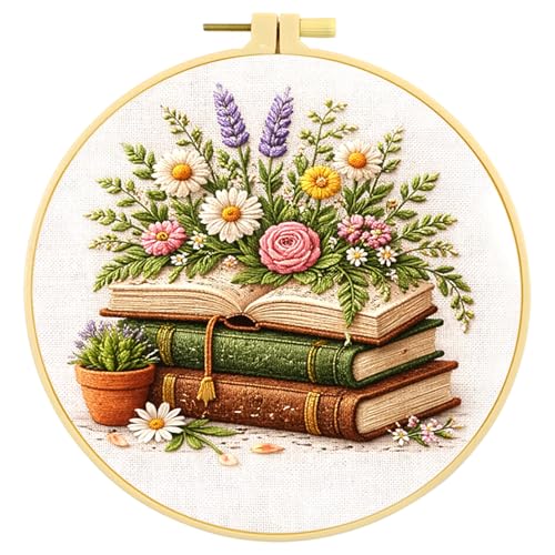 Qvthpv Embroidery Kit for Beginners, Stamped Floral Book Bouquet - color: Flower books