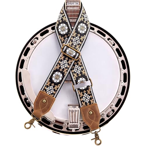 Nefelibata Banjo Strap,2"Wide Double Crazy Horse Leather Jacquard Embroidery Strap Adjustable Replacement,Multi-pattern Strap With Metal Clips - color: A#-retro White Flower